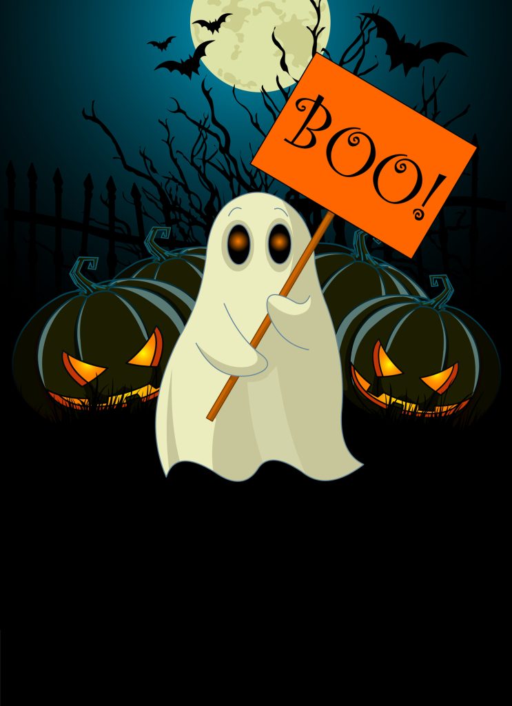 Halloween invitation  of very cute ghost with “Boo” sign